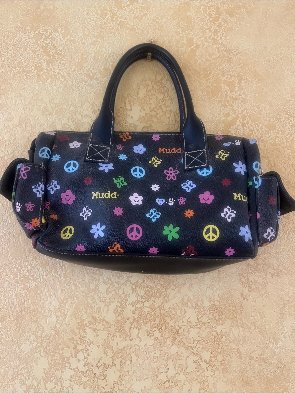 Mudd Black Handbag with Multicolor Peace Signs and Flowers